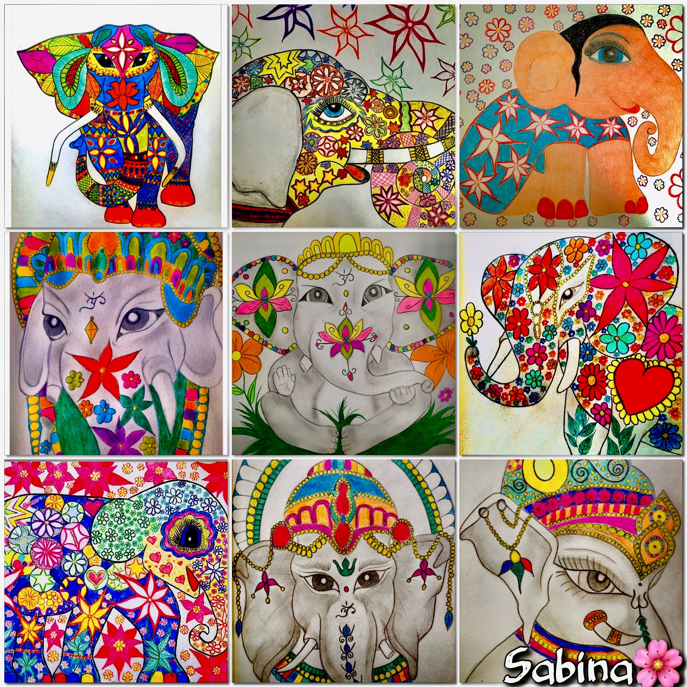 Een collage van tekeningen getekend door Sabina